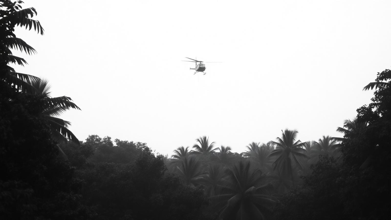 Black-and-white photo of dense jungle canopy with a faint helicopter silhouette overhead.