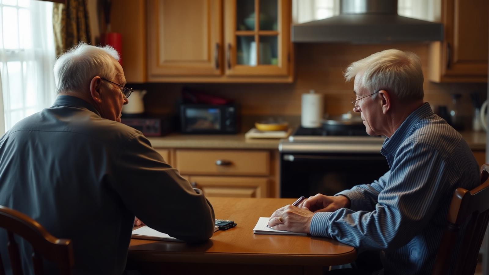 Two veterans at a kitchen table writing on a notepad together, viewed from a respectful distance.