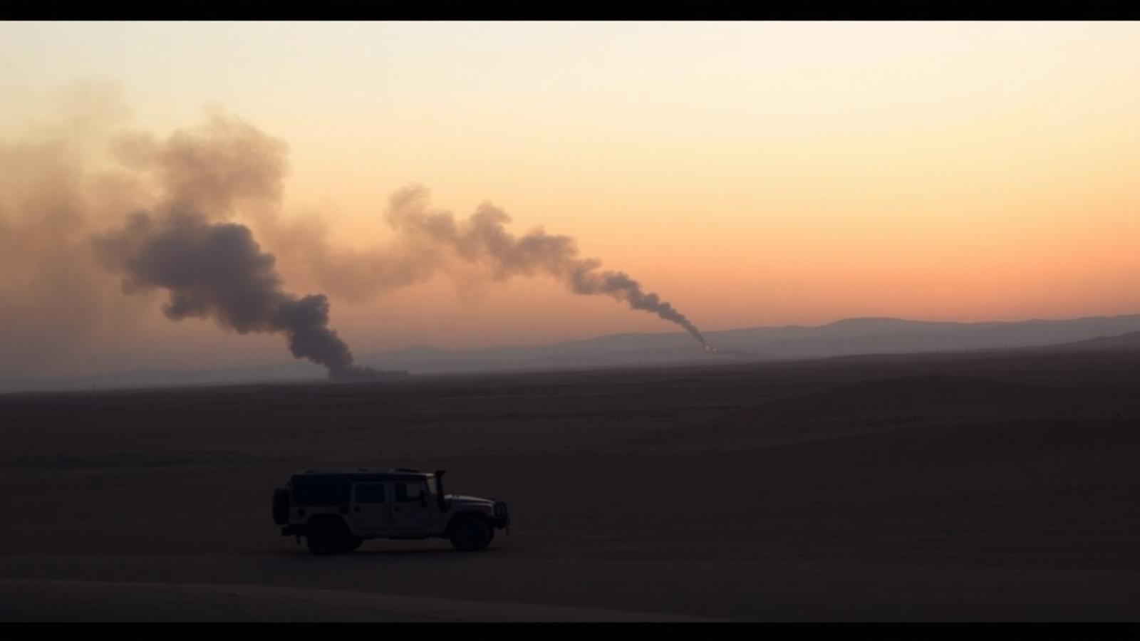 Distant plume of dark smoke rising over a desert horizon at dusk, evoking burn pit exposure.