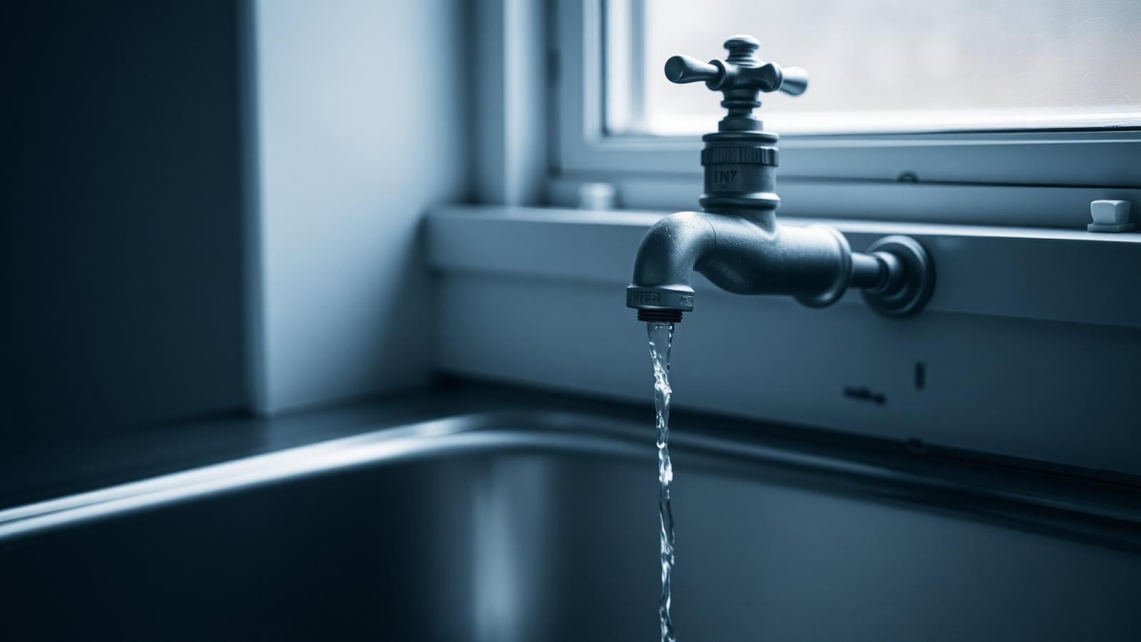Old water faucet dripping into a stainless steel sink with cool window light, evoking water contamination.