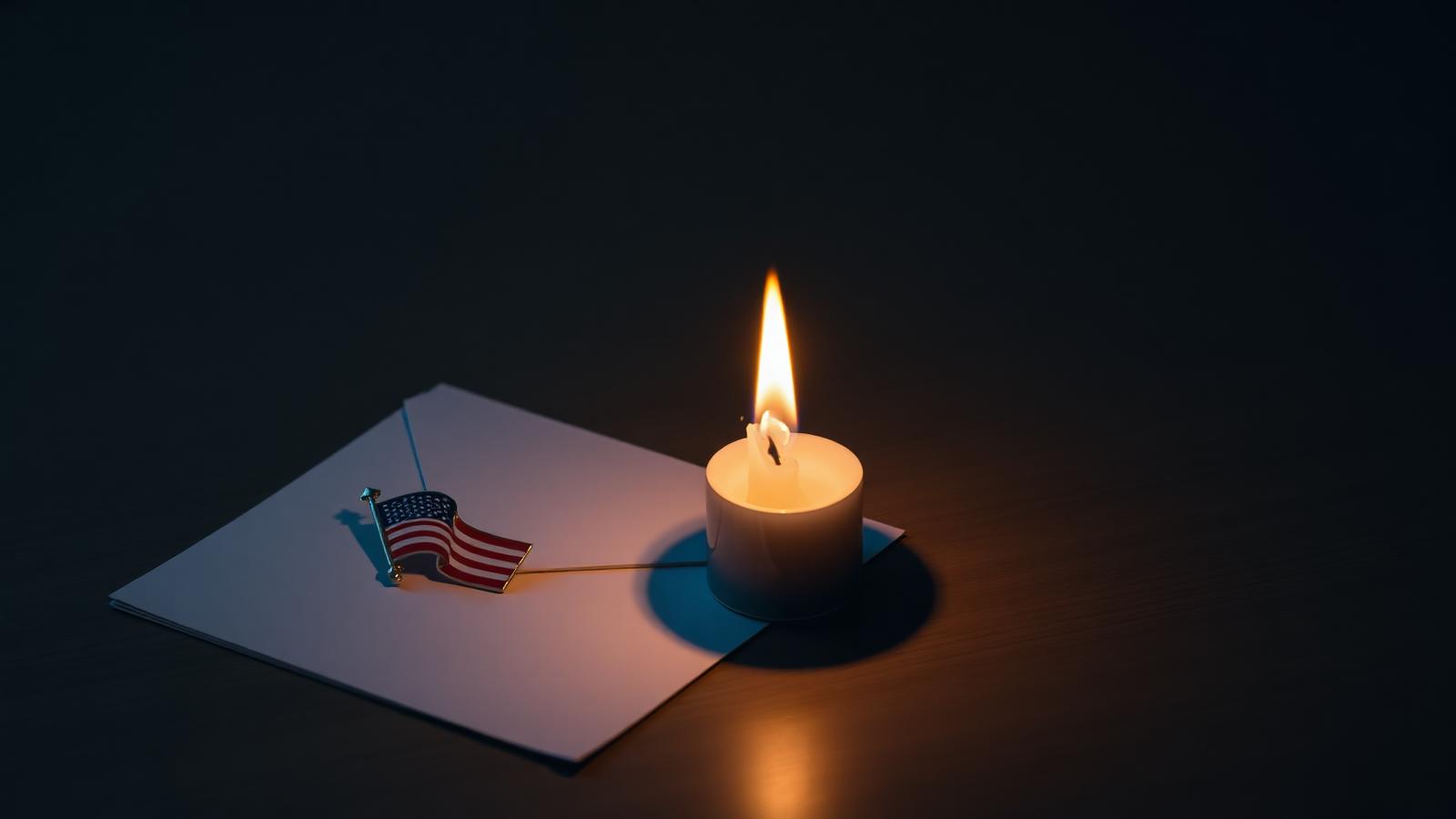 Single candle beside an envelope and small American flag pin on a dark wooden surface — a quiet, respectful image.