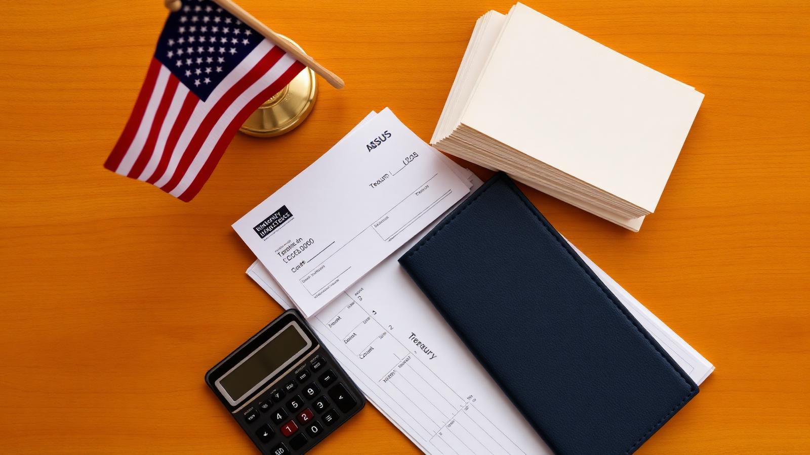Overhead photo of a calculator, checkbook, and stack of envelopes next to a small American flag.