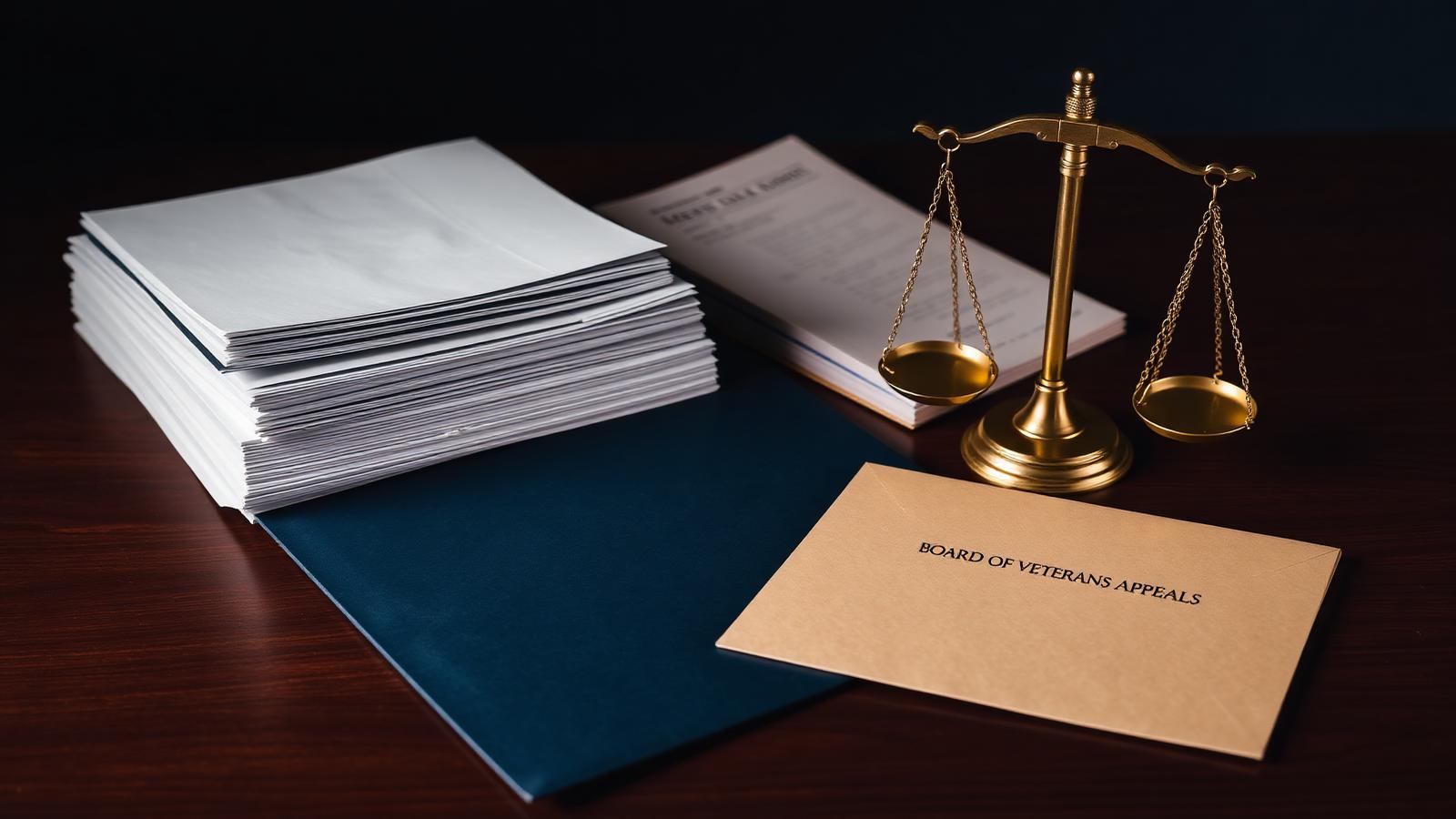 Stack of legal briefs, a brass scales of justice, and an envelope on a dark walnut desk.