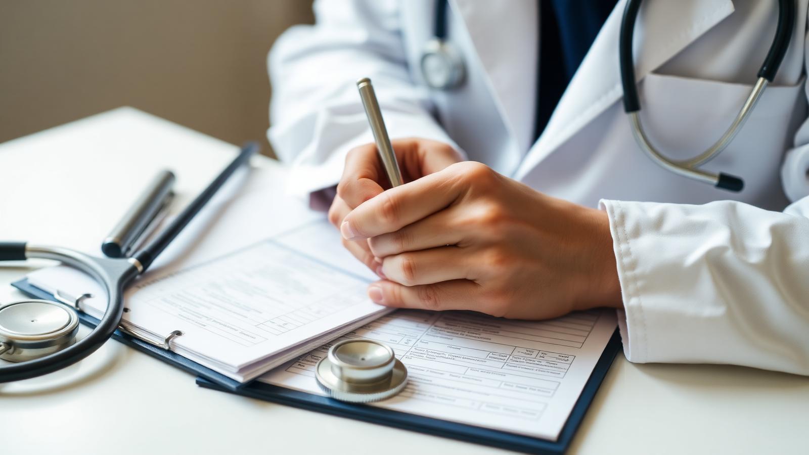 Close-up of a doctor's hands writing on a medical chart with a stethoscope alongside.